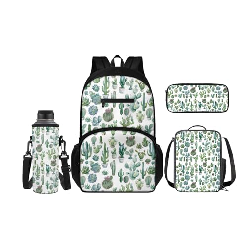 SCRAWLGOD Rucksäcke mit Lunchbox für Kinder, Schule, Federmäppchen, Wasserflaschenhalter, 4-in-1 Büchertasche, Tagesrucksack für Mädchen und Jungen, Trendiger Kaktus von SCRAWLGOD