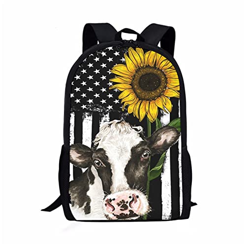 SCRAWLGOD Schultaschen für Jungen, leicht, mit Drachenmotiv, lässiger Kinder-Rucksack, Reiserucksack für Herren, Amerikanische Flagge Sonnenblume Kuh, Einheitsgröße von SCRAWLGOD