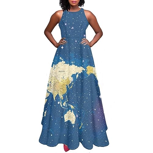 SCRAWLGOD Sommerkleider für Damen, Sonnenkleider, lang, modisch, Midi-Kleid, Freizeitkleider, Weltkarte, L von SCRAWLGOD