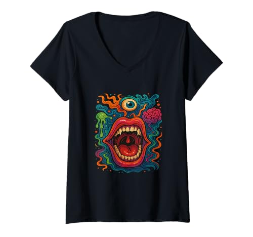 Damen Trippy Art, surreales Gesicht, verrückter Mund, Alternative Mode T-Shirt mit V-Ausschnitt von SCREAM INSIDE THE UNIVERSE MIND MELT MOUTH