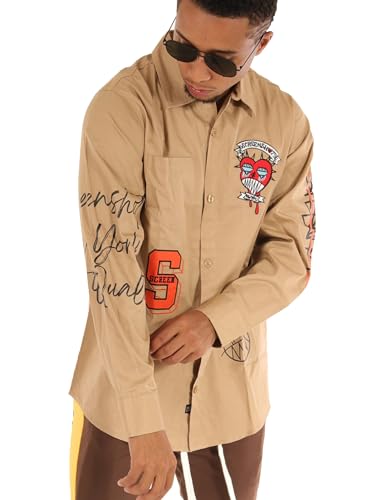 SCREENSHOT Shacket 3202 Herren Casual Plaid Flanell Shacket Hemd Jacke Knopfleiste Langarm, W21315-Khaki, L von SCREENSHOT