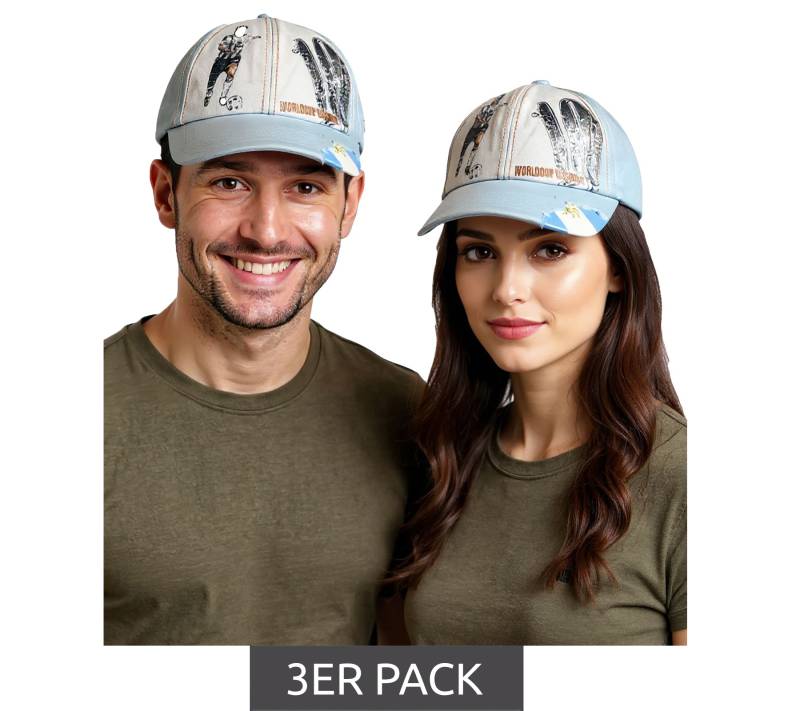 3er Sparpack WORLDCUP LEGENDS Unisex Baseball-Cap im Argentinien-Design Baumwoll-Cap mit Diego Maradona-Print Curved-Brim-Cap Damaged-Look TC123029WCL Blau/Weiß von SCRIMMAGE