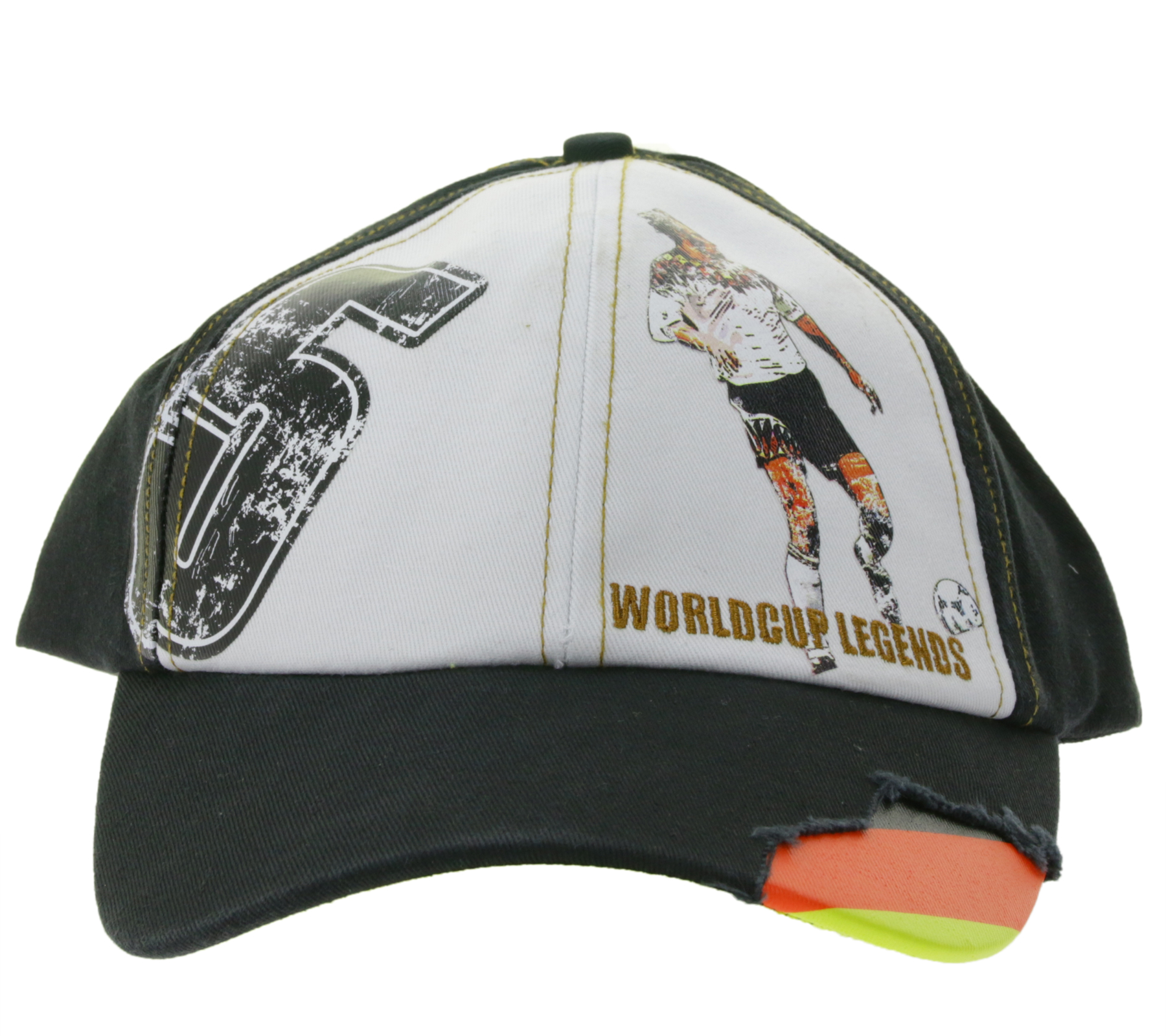 WORLDCUP LEGENDS Unisex Baseball-Cap im Deutschland-Design Baumwoll-Cap mit Fußballspieler-Print Curved-Brim-Cap mit No.5-Print Damaged-Look TC123027WCL Schwarz WORLDCUP LEGENDS Unisex Baseball-Cap im Deutschland-Design Baumwoll-Cap mit Fußballspieler-Print Curved-Brim-Cap mit No.5-Print Damaged-Look TC123027WCL Schwarz von SCRIMMAGE