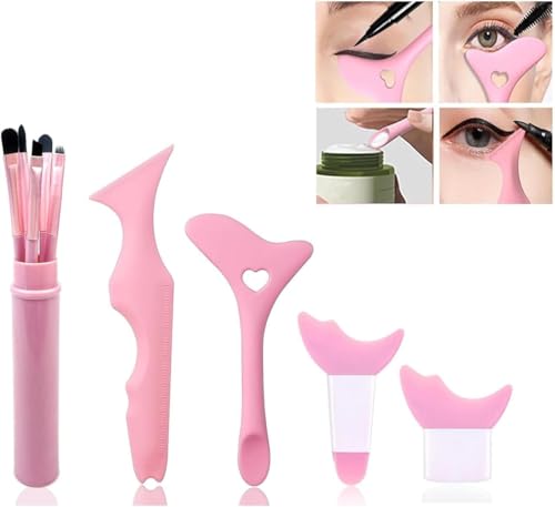 4 Muster Silikon Eyeliner und 5 Stück Lidschatten Make-up Pinsel Wiederverwendbare Make-up Muster Augen Make-up Hilfsmittel Anfänger Make-up Werkzeuge (Rosa) von SCROLIEY