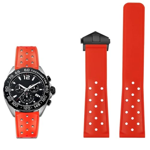 SCRUBY 22 mm atmungsaktives Silikon-Uhrenarmband für TAG Heuer F1 CAZ201 WAZ2113 CAZ1010 Serie Uhrenarmband, Faltschließe aus weichem Gummi(Red black buckle) von SCRUBY