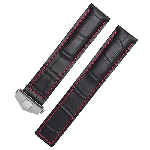 SCRUBY Echtes Leder -Uhrband für SCHILD Heuer Handgelenkband Blaues schwarzes braunes Armband 19mm 20 mm 22 mm mit faltenden Schließ Lederriemen(Black red silver,22mm) von SCRUBY