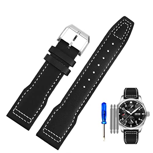 SCRUBY Uhrenarmband aus echtem Leder für IWC Pilots Little Prince Male Mark 18 Big Fly Portugal, weiches, bequemes Armband, 20 mm Armband(Black White-steel-K1,21mm) von SCRUBY