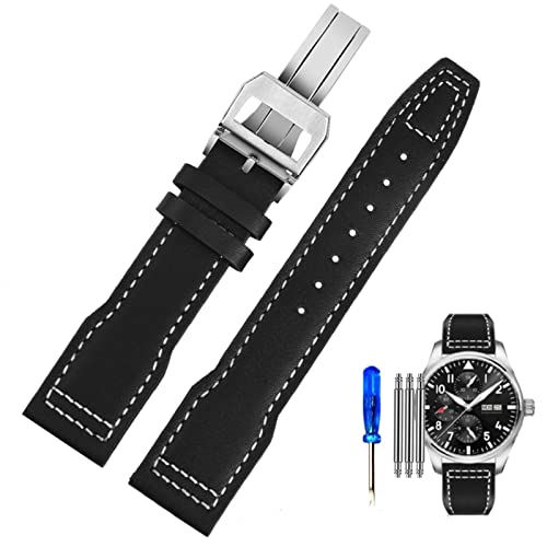 SCRUBY Uhrenarmband aus echtem Leder für IWC Pilots Little Prince Male Mark 18 Big Fly Portugal, weiches, bequemes Armband, 20 mm Armband(Black White-steel-ZK,20mm) von SCRUBY