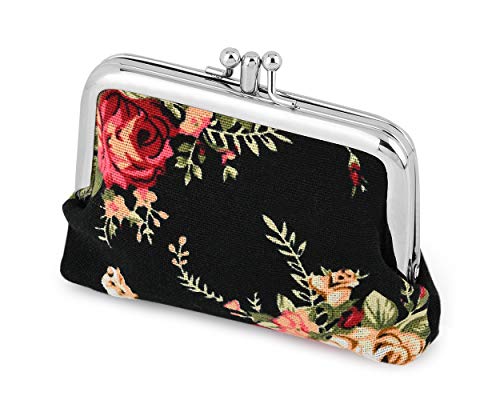 SCSpecial Mini Geldbörse Damen Kleingeldbörse Retro Floral Reiseportmonaie Coin Purses Kiss Lock Leinwand Mini Geldbeutel (Schwarz) von SCSpecial