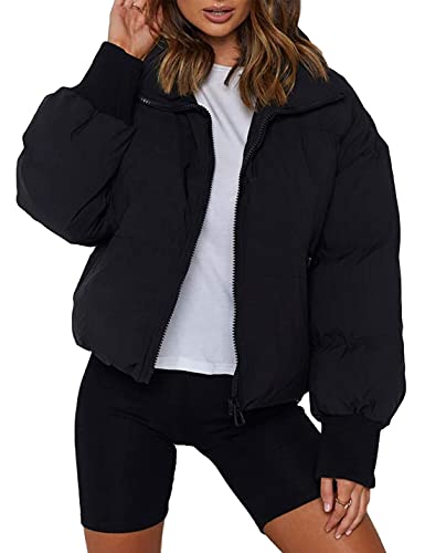 SCUSTY Damen Reißverschluss Puffer Jacke Gesteppt Gepolstert Bubble Coat Kurz Wintermäntel, Schwarz, XS von SCUSTY