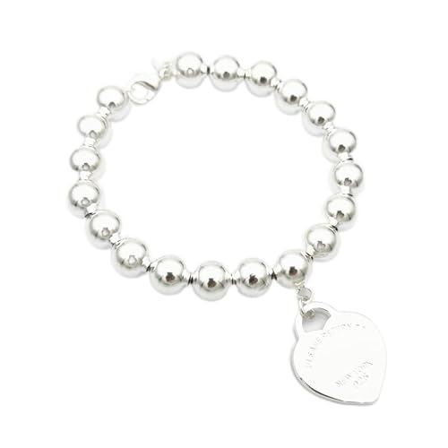 SCWZZWSY Armbänder für Frauen Silber 925 Klassische Mode Silber Herzkarte 8 mm runde Perlen Damen Armband Schmuck 22 cm von SCWZZWSY