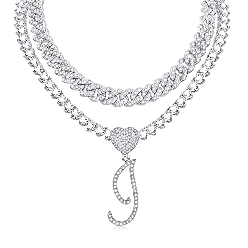 SCWZZWSY Halskette mit Initialen-Anhänger für Damen, Miami Cuban Link Herzkette geschichtet Diamant Iced Chain Anhänger Halskette Hip Hop Schmuck Geschenk 2 Ketten von SCWZZWSY