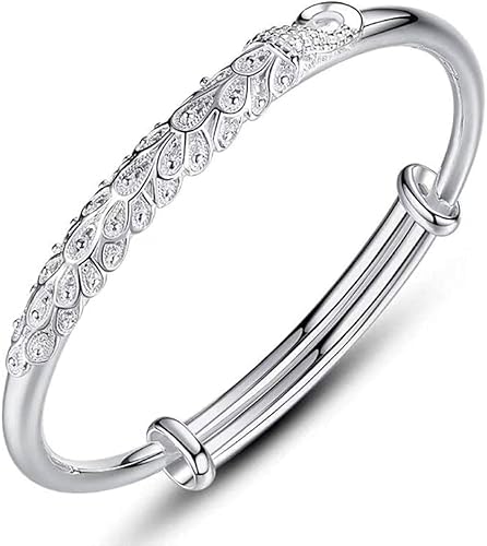 SCWZZWSY Manschette Armreifenkette, ordnungsgemäßes Silberarmband, Frauen 925 Sterling Silber Armband Schnitzerei Peacock Verstellbarer Manschettenknopf Damen Silber Schmuck Schmuck von SCWZZWSY