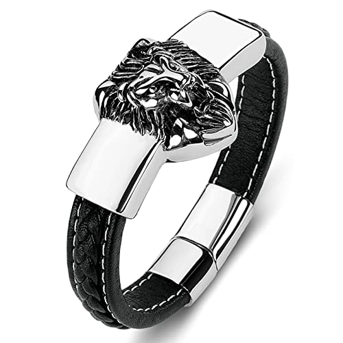 SCWZZWSY Personalisierte Geschenke Armbänder Herren Punk Männerarmband Gravures Löwencharmarmband Armband Titanstahl mit Magnetverschluss von SCWZZWSY