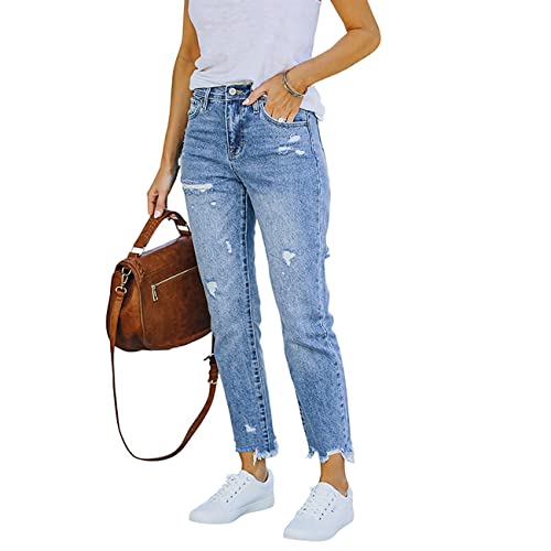 SCYDAO Damen Klassische Stretch Cropped Ripped Jeans High Waisted Unregelmäßiger Raw Saum Boyfriend Trendy Gerade Denim Hose,Light Blue,S von SCYDAO