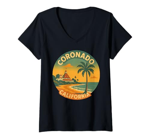 Damen Coronado California Retro San Diego Beach Sunset Palm 619 T-Shirt mit V-Ausschnitt Damen Coronado California Retro San Diego Beach Sunset Palm 619 T-Shirt mit V-Ausschnitt von SD Retro Apparel