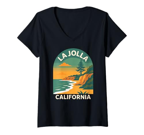 Damen La Jolla, Kalifornien, San Diego, Retro-Küste, Cliff Beach, 858 SD T-Shirt mit V-Ausschnitt Damen La Jolla, Kalifornien, San Diego, Retro-Küste, Cliff Beach, 858 SD T-Shirt mit V-Ausschnitt von SD Retro Apparel