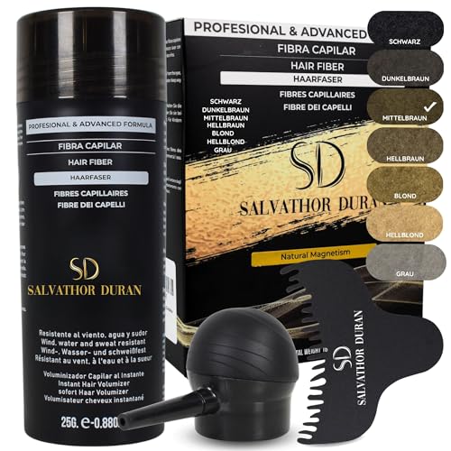 Streuhaar Salvathor Duran 25 g – 3er Set (Hair Fiber + Applicator + Kamm) | Hair Fiber Spray & Thick Fiber für sofortige Haarverdichtung (Mittelbraun) von SD SALVATHOR DURAN