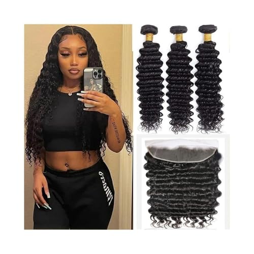 Extensions Echthaar Deep Wave Bundles mit Frontal for schwarze Frauen, doppelter Schuss, natürliches brasilianisches Echthaar, Wwave 3 Bundle mit freiem Teil, 13 x 4 Lace Frontal Haarverlängerungen(20 von SDA287MZ