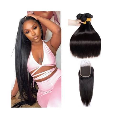 Extensions Echthaar Echthaarbündel for Frauen, natürliche Farbe, 12-26 Zoll, glatte brasilianische Haarbündel mit 4x4 Spitzenverschluss, freiem Teil Haarverlängerungen(18+20+22+Closure 16) von SDA287MZ