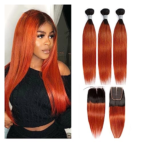 Extensions Echthaar Orange gerade Echthaar-Bündel, 4x4-Spitzenverschluss mit Bündeln, brasilianische Ombre-Haarwebart, burgunderrote Bündel mit Verschluss, Remy-Echthaar for Frauen Haarverlängerungen( von SDA287MZ