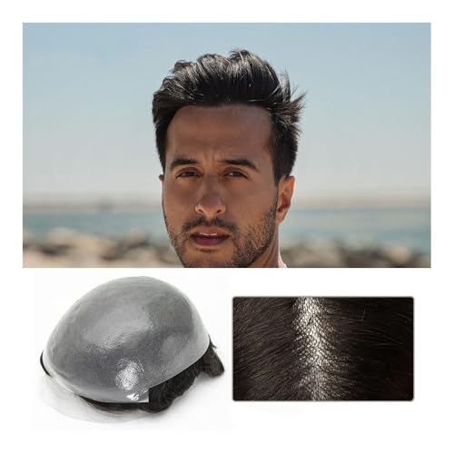 Herren-Perücke 0,06–0,08mm dünnes Haut-Toupet for Männer, V-förmige Haareinheiten aus Remy-Menschenhaar for Männer, europäisches Haarersatzsystem mit vollständiger PU-Basis Toupet für Männer(Jet black von SDA287MZ