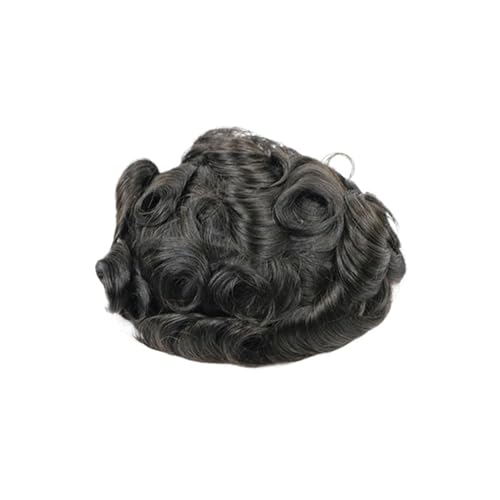 Herren-Perücke 15MM Lockiges Atmungsaktives Ersatzkapillar-Toupet for Männer Schweizer Spitze Mit PU-Rückseite Syntems Prothese Haarteil Schwarz Toupet für Männer(1b#) von SDA287MZ