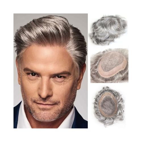 Herren-Perücke #580 Graues gewelltes Echthaar-Toupet for Männer, 8"x10" feines Mono mit Npu rundherum, männliche Haarprothese Toupet für Männer von SDA287MZ
