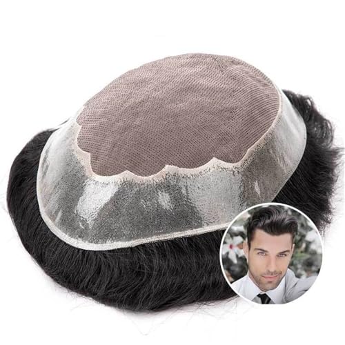 Herren-Perücke Echthaar-Ersatzsystem, feine Monopolyhaut um Herren-Toupet, Haarteil, natürlicher Haaransatz, 15 cm, indisches Haar, männliche Haarprothese Toupet für Männer(Jet black,6x8) von SDA287MZ