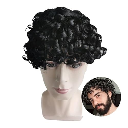 Herren-Perücke Federnde, lockige Haarprothese for Männer, Toupet mit vollständiger französischer Spitzenbasis, Afro-lockiges Echthaar-System Toupet für Männer(Jet Black) von SDA287MZ