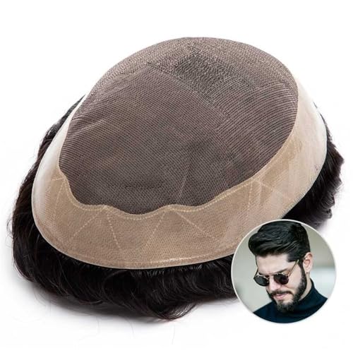 Herren-Perücke Toupet for Männer Mono Top mit Poly-Beschichtung um Echthaar Herren Haarprothese Toupet für Männer(1B - Off Black,6x9) von SDA287MZ