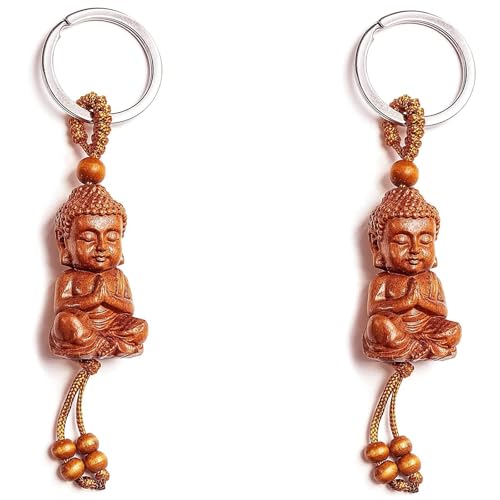 SDECRW Buddha Pendant – 2 Pieces，Small Buddha Key Ring Made of Wood, Mahogany Three-Dimensional Engraving Buddha Pendant Keyring for DIY Car Accessories Lucky Charm Gift (2pcs) von SDECRW