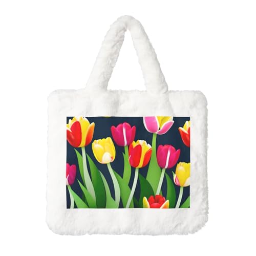 Bunte Tulpenmuster, flauschige Schultertasche, Damen, Plüsch, Unterarmtasche, Tragetasche, pelzige Geldbörse, Handtasche für Arbeit und Reisen, Weiß, Einheitsgröße von SDEGTHO