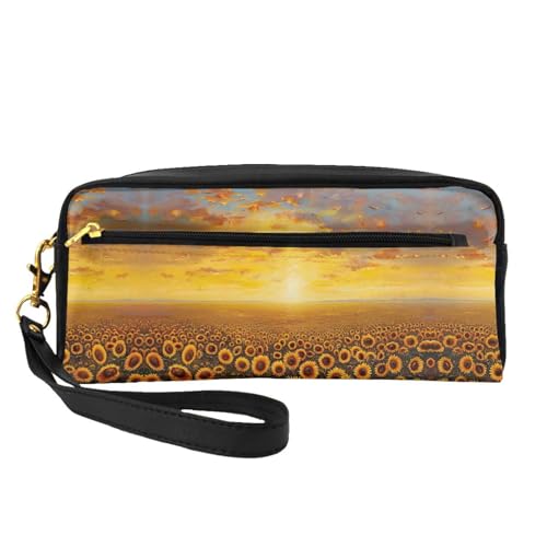 Kosmetiktasche für Damen, Motiv: Sonnenblumenfeld, Sonnenuntergang, Blumenmeer, Make-up-Tasche für Geldbörse, tragbar, Kulturbeutel, Zubehör-Organizer, Schwarz , Einheitsgröße, Kosmetiktasche von SDEGTHO