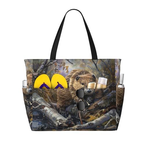 SDEGTHO Beaver Working Große Kapazität Faltbare Tragetasche Frauen Strand Tote Bag Handtasche Turnbeutel Reise Einkaufstasche, Schwarz, Einheitsgröße von SDEGTHO