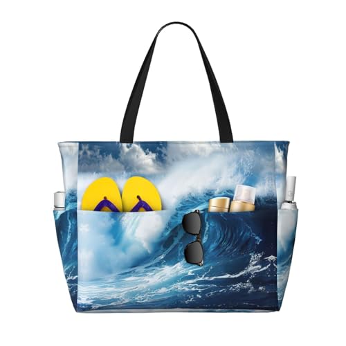SDEGTHO Big Ocean Wave HD Große Kapazität Faltbare Tragetasche Frauen Strand Tote Bag Handtasche Turnbeutel Reise Einkaufstasche, Schwarz, One Size von SDEGTHO
