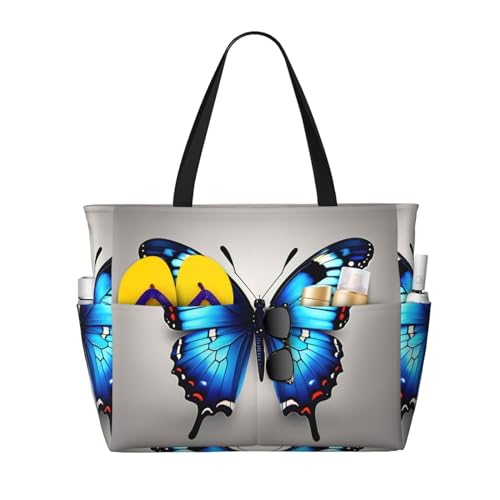 SDEGTHO Blauer Schmetterling große Kapazität faltbare Tragetasche Frauen Strand Tote Bag Handtasche Turnbeutel Reise Einkaufstasche, Schwarz, One Size von SDEGTHO