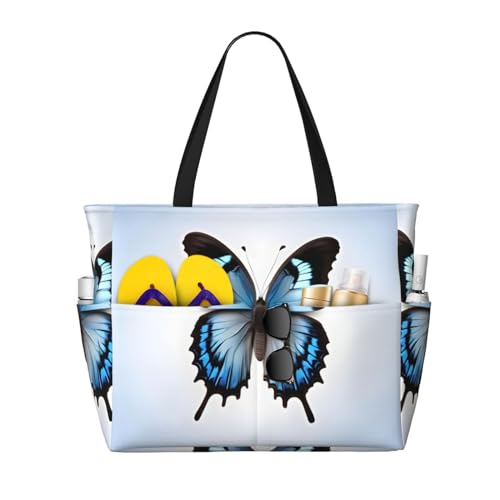 SDEGTHO Blauer Schmetterling große Kapazität faltbare Tragetasche Frauen Strand Tote Bag Handtasche Turnbeutel Reise Einkaufstasche, Schwarz, One Size von SDEGTHO