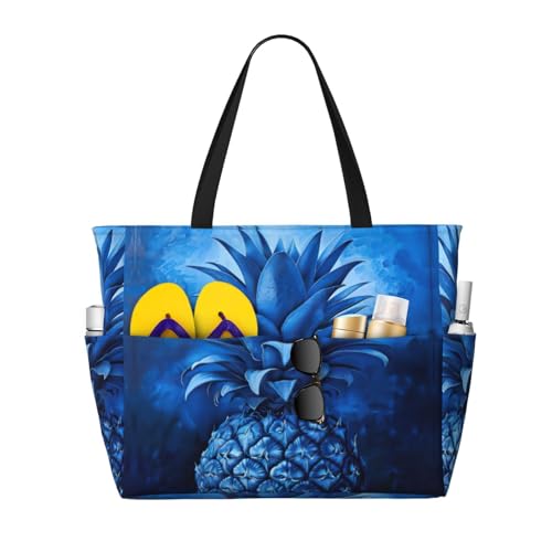 SDEGTHO Blue Pineapple Große Kapazität Faltbare Tragetasche Frauen Strand Tote Bag Handtasche Turnbeutel Reise Einkaufstasche, Schwarz, Einheitsgröße von SDEGTHO