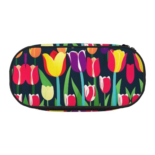 SDEGTHO Bunte Tulpen Federmäppchen, großes Fassungsvermögen, Mehrzweck-Federmäppchen, tragbares Federmäppchen für Büro, Schwarz , Einheitsgröße, Taschen-Organizer von SDEGTHO