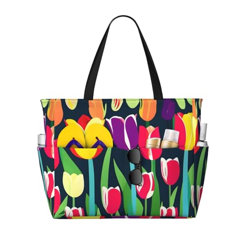 SDEGTHO Bunte Tulpen große Kapazität faltbare Tragetasche Frauen Strand Tote Bag Handtasche Turnbeutel Reise Einkaufstasche, Schwarz, One Size von SDEGTHO