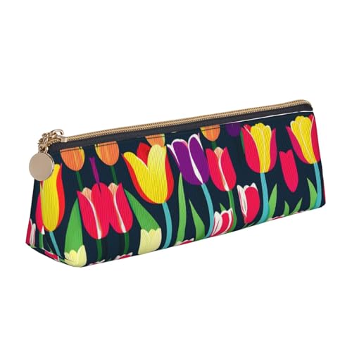 SDEGTHO Buntes Tulpen-Federmäppchen aus Leder, dreieckig, mit Reißverschluss und großem Fassungsvermögen von SDEGTHO