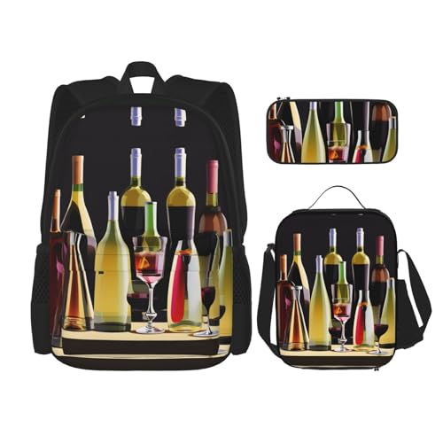 SDEGTHO Cocktail-Gläser und Flaschen, Büchertaschen-Set mit großem Fassungsvermögen, Lunchbox und Federmäppchen, 3-teiliges Beutel-Set, Schwarz , Einheitsgröße von SDEGTHO