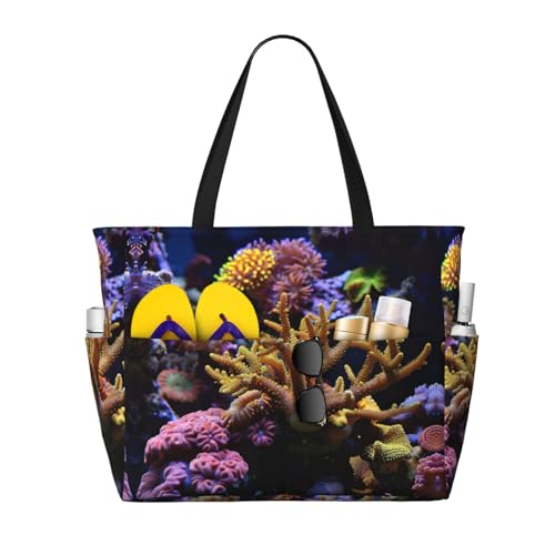 SDEGTHO Coral Reef Große Kapazität Faltbare Tragetasche Frauen Strand Tote Bag Handtasche Turnbeutel Reise Einkaufstasche, Schwarz, Einheitsgröße von SDEGTHO