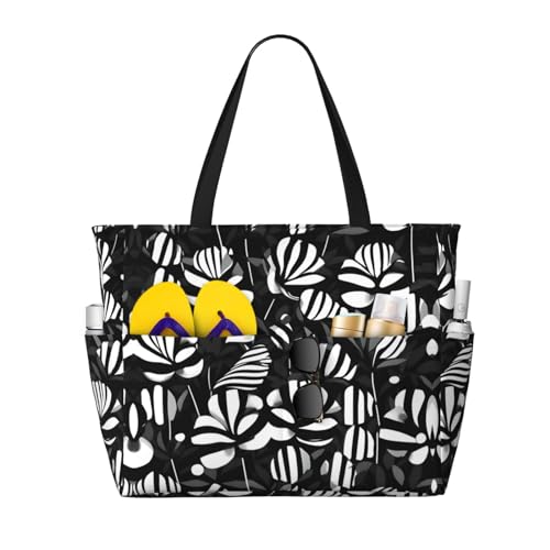 SDEGTHO Faltbare Tragetasche für Damen, Strandtasche, Handtasche, Sporttasche, Reise-Einkaufstasche, Schwarz / Weiß gestreift, Schwarz, Einheitsgröße von SDEGTHO