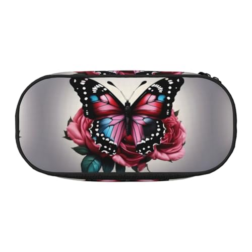 SDEGTHO Federmäppchen, Motiv: Rose und Schmetterling, großes Fassungsvermögen, Mehrzweck-Federtasche, tragbares Federmäppchen für Büro, Schwarz , Einheitsgröße, Taschen-Organizer von SDEGTHO