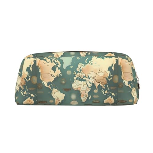 SDEGTHO Federmäppchen aus Leder mit Weltkarten-Retro-Druck, großes Fassungsvermögen, Stifteetui, Füllfederhalter, für Jungen und Mädchen, Geschenk, gold, Einheitsgröße, Kosmetiktasche von SDEGTHO