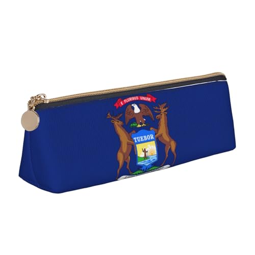 SDEGTHO Federmäppchen mit Michigan-Staatsflagge, modisches dreieckiges Leder-Federmäppchen mit Reißverschluss und großer Speicherkapazität von SDEGTHO