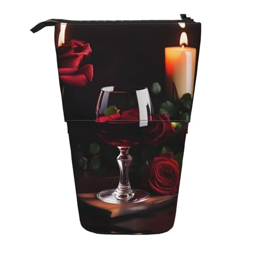 SDEGTHO Federmäppchen mit Rotweinrosen und Kerzen, niedliches Stehstiftetui, Teleskop-Stiftetui, tragbarer Stifthalter, Schwarz, One Size, Modisch von SDEGTHO