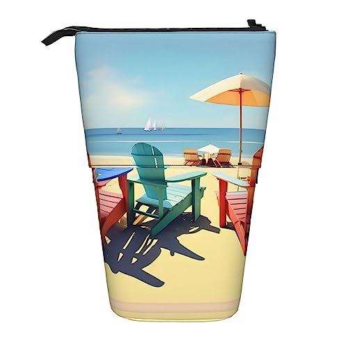 SDEGTHO Federmäppchen mit Strandkörben und Landschaft, niedliches Stand-up-Bleistiftetui, Teleskop-Stiftetui, tragbarer Stifthalter, Schwarz , Einheitsgröße, modisch von SDEGTHO